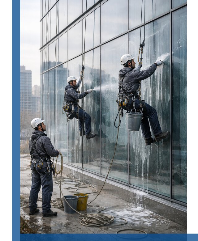 Промышленная мойка панорамных окон на высоте в Верхней Пышме