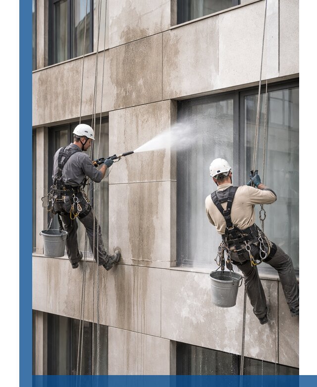 Послестроительная мойка фасада промышленным альпинизмом в Верхней Пышме