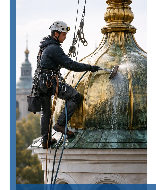 Профессиональная мойка куполов и шпилей высотными альпинистами в Верхней Пышме