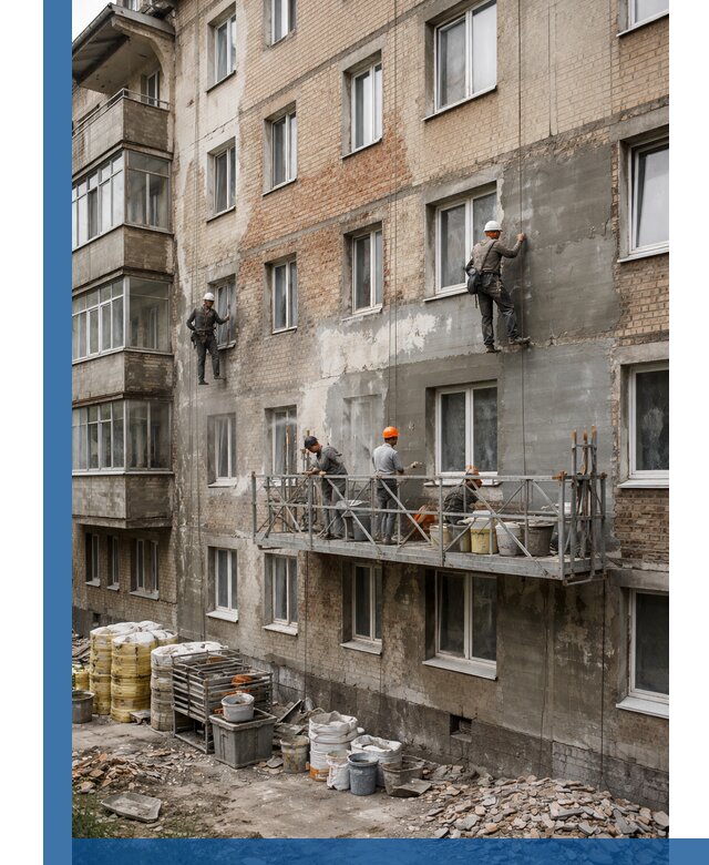 Капитальный ремонт фасада в Верхней Пышме с восстановлением и гидроизоляцией