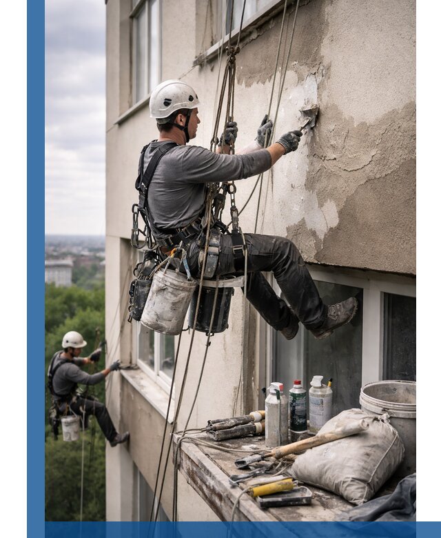 Косметический ремонт фасада зданий в Верхней Пышме промышленными альпинистами