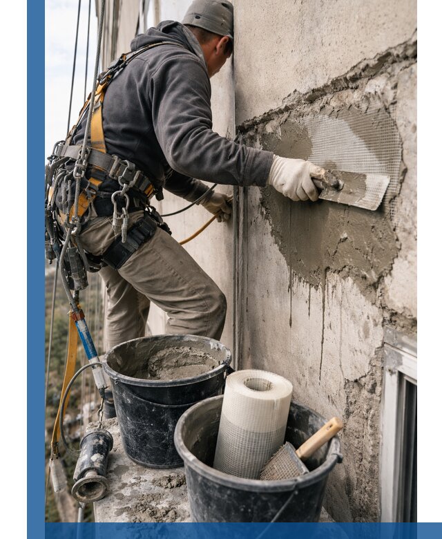 Ремонт бетонных элементов фасада промышленными альпинистами в Верхней Пышме