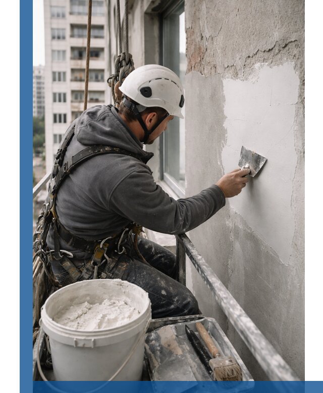 Шпаклевка фасадов на высоте с промальпинистами в Верхней Пышме