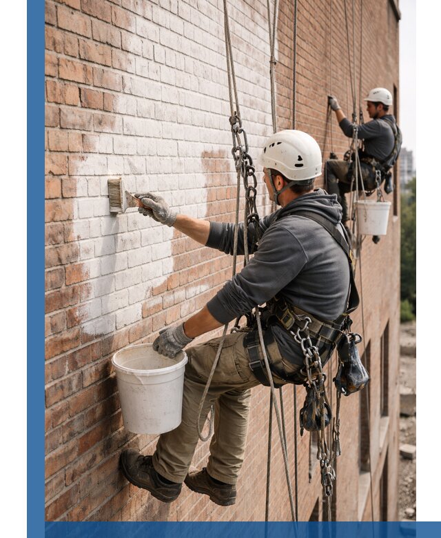 Покраска кирпичного фасада с доступным альпинистским сервисом в Верхней Пышме
