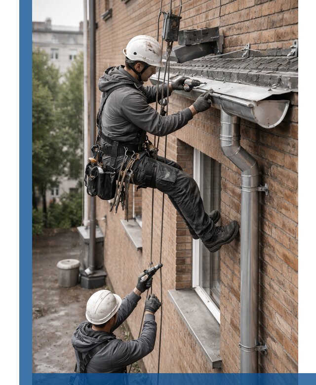 Монтаж водосточной системы на здании в Верхней Пышме под ключ