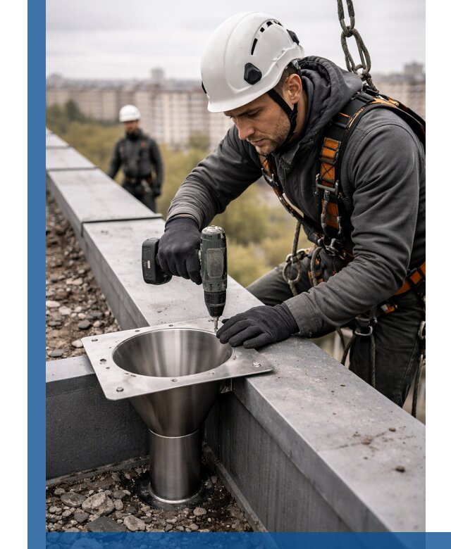 Монтаж водосточных воронок в Верхней Пышме для промышленных зданий