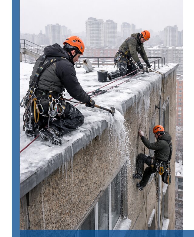 Удаление наледи с кровли в Верхней Пышме промышленными альпинистами