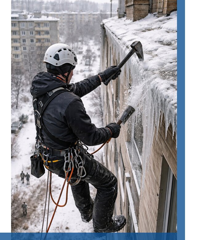 Сбивание сосулек с крыши в Верхней Пышме по цене от 4617 р. | ВЫСОТНИК-Врх