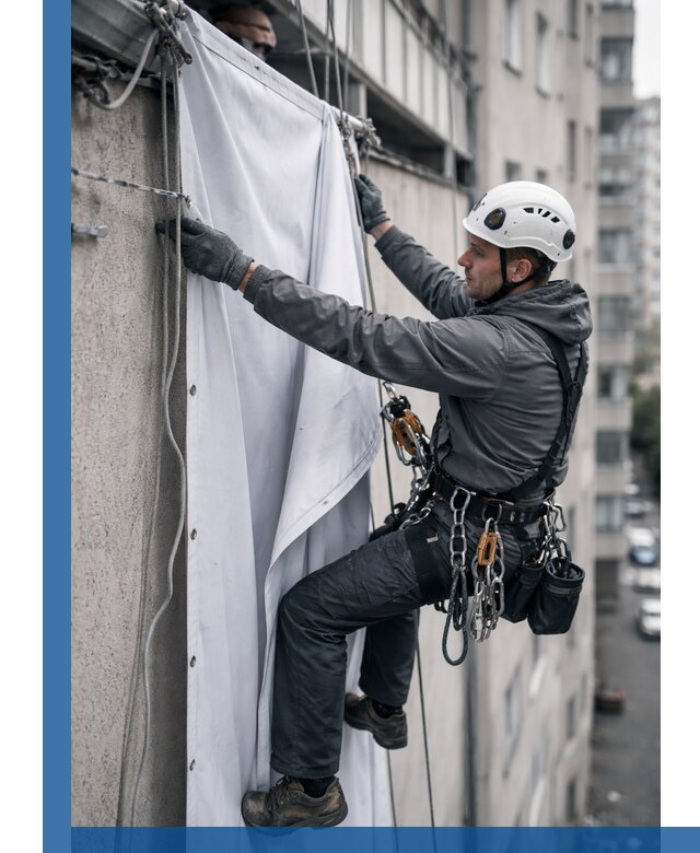 Замена баннерного полотна промышленными альпинистами в Верхней Пышме