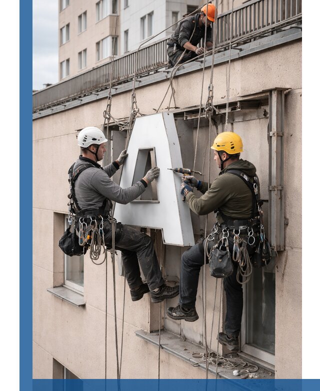 Ремонт и восстановление наружных вывесок на высоте в Верхней Пышме