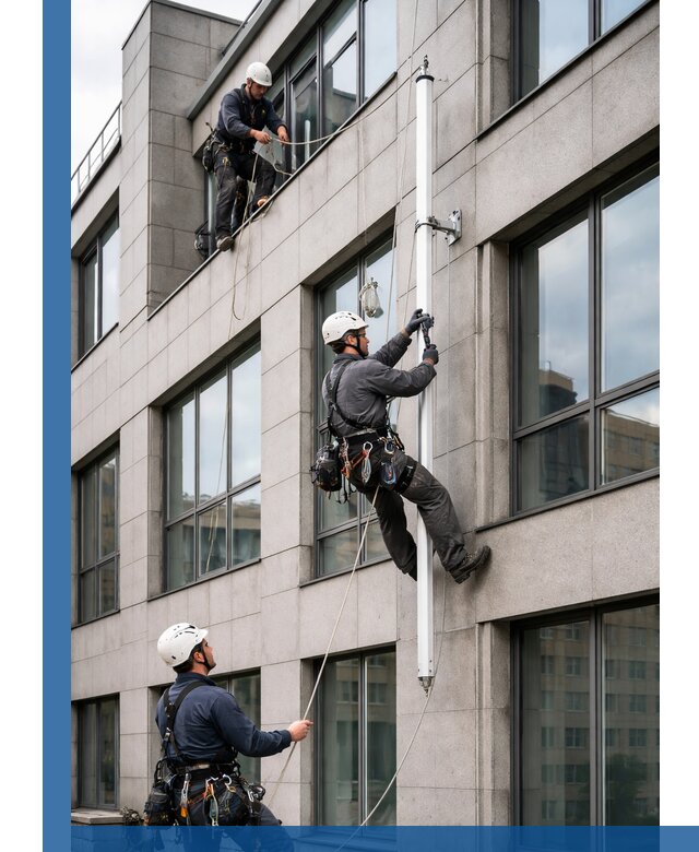 Монтаж флагштока на фасаде здания с креплением и герметикой в Верхней Пышме