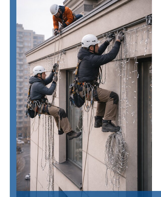 Монтаж праздничных гирлянд на фасаде в Верхней Пышме для зданий