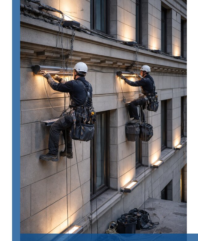 Монтаж архитектурной подсветки фасадов зданий в Верхней Пышме