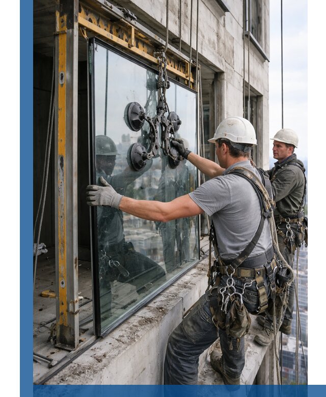 Монтаж стеклопакетов на высоте в Верхней Пышме с промышленным альпинизмом