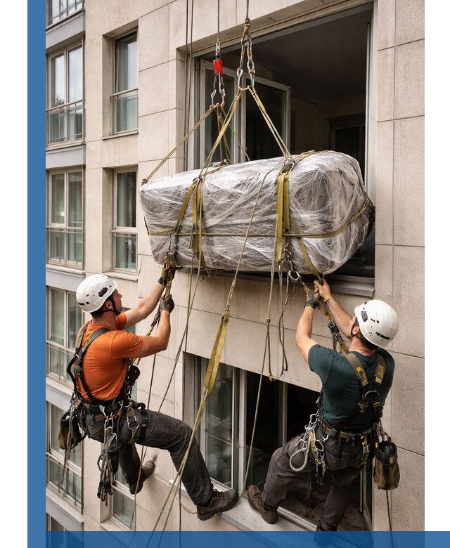 Подъем грузов через окно в Верхней Пышме промышленными альпинистами