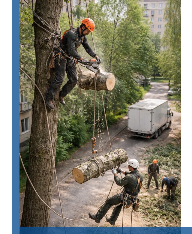 Спил деревьев альпинистами в Верхней Пышме, безопасно и без повреждений
