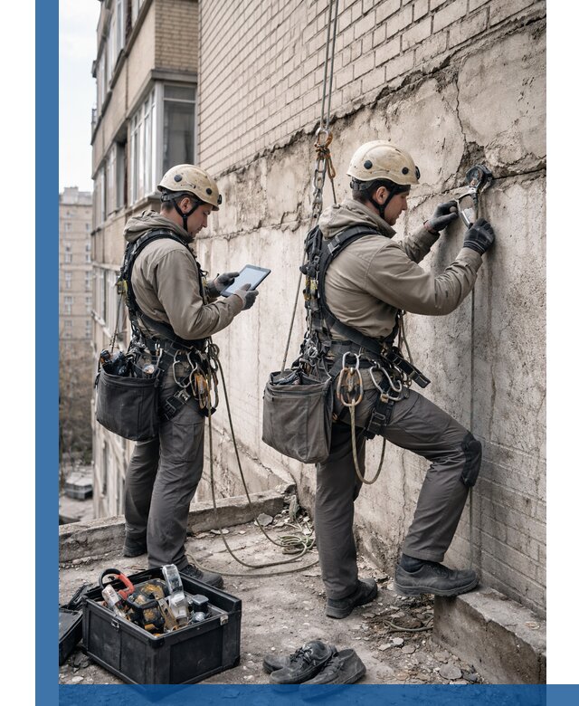 Обследование фасада промышленными альпинистами в Верхней Пышме